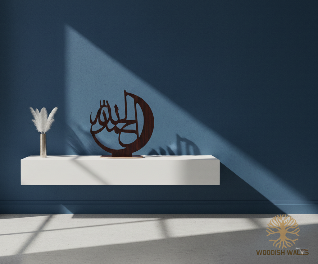 Elegant Islamic Wooden Calligraphy – “Alhamdulillah” Table Decor | Premium Home Accent by Woodish Walls