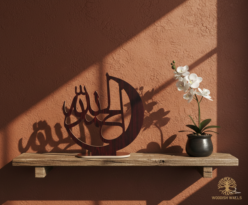 Elegant Islamic Wooden Calligraphy – “Alhamdulillah” Table Decor | Premium Home Accent by Woodish Walls