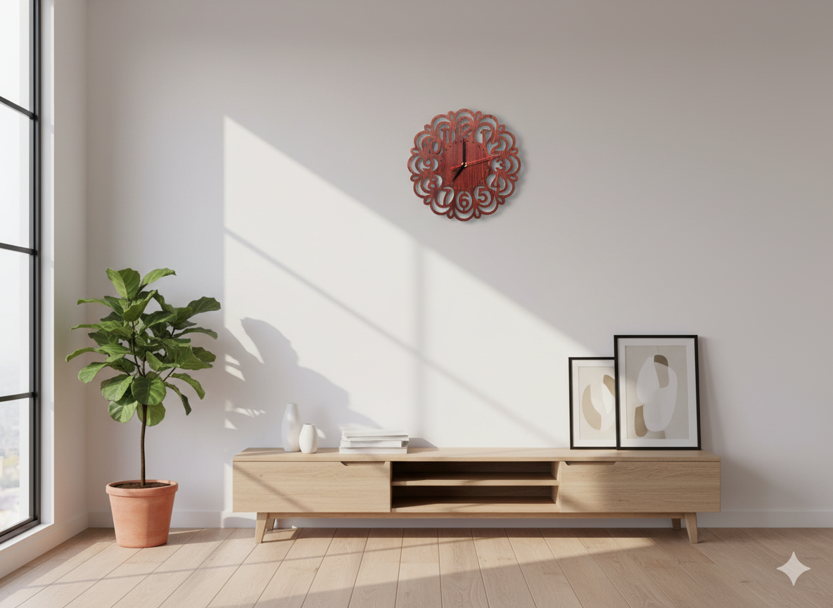 Artisan CNC-Cut Wooden Wall Clock | Leaf & Vine Style | Silent 6mm | Woodish Walls