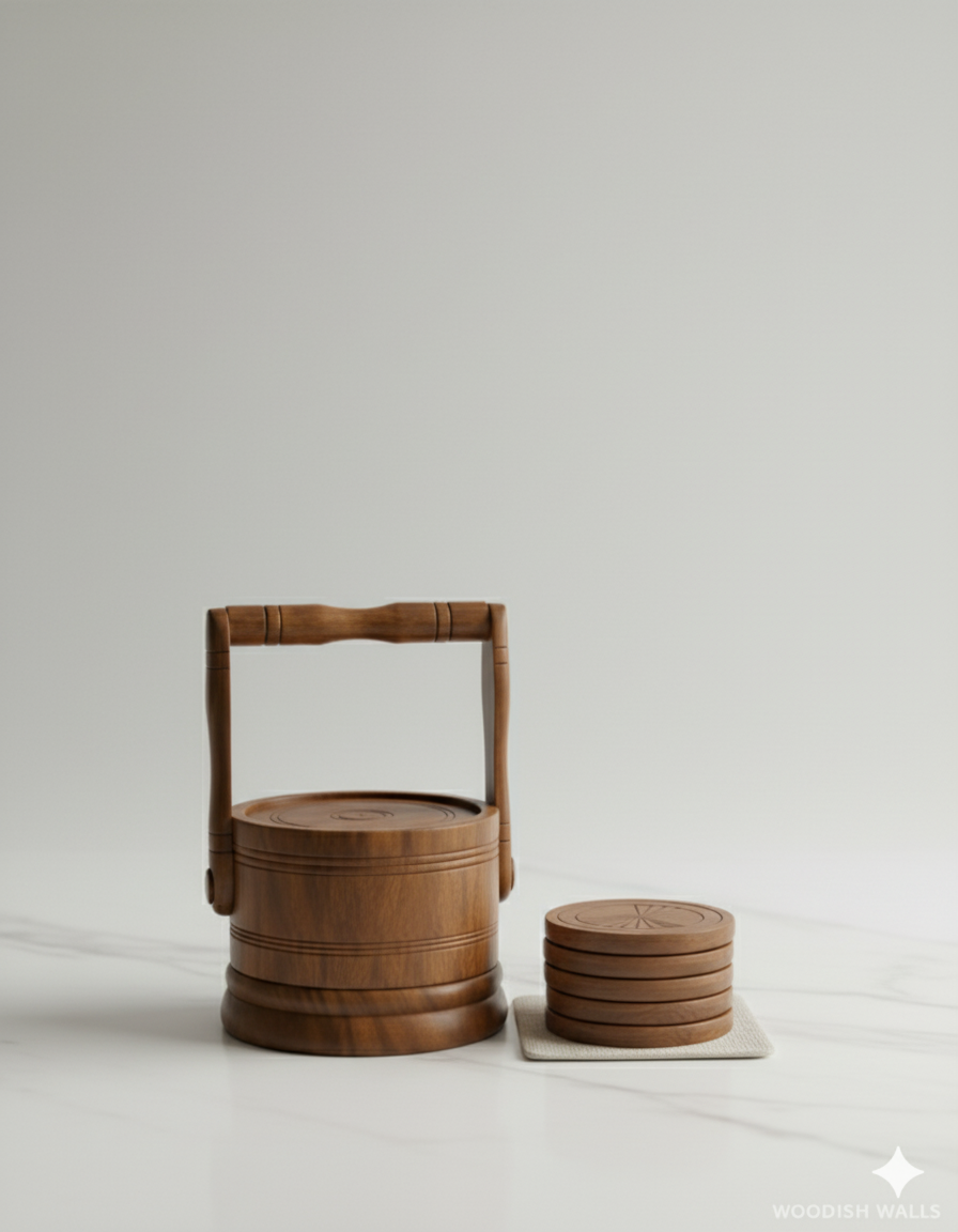 Woodish Walls Bucket-Shaped Wooden Tea Coaster Set – Handmade Rustic Coasters for Cups, Mugs & Table Décor