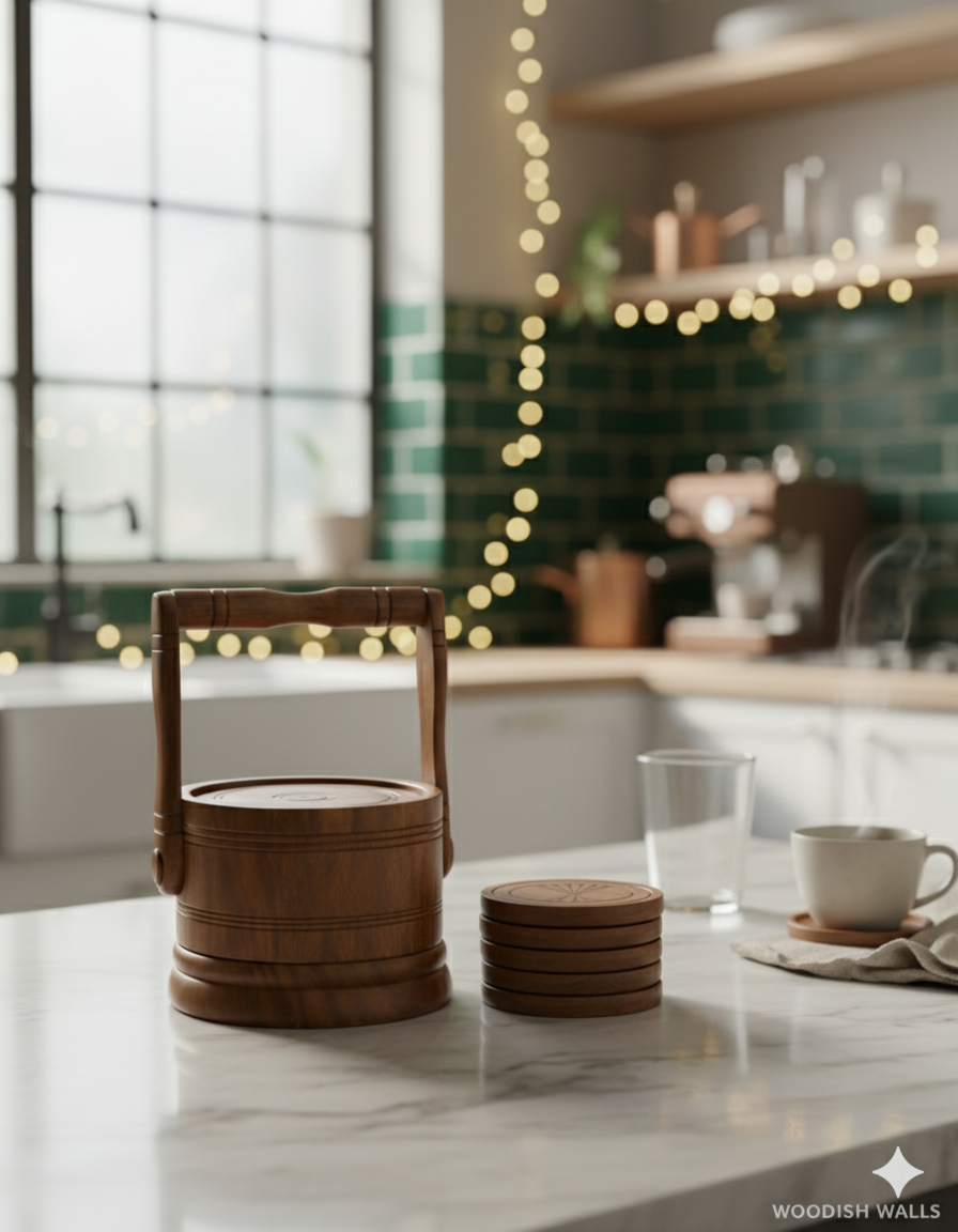 Woodish Walls Bucket-Shaped Wooden Tea Coaster Set – Handmade Rustic Coasters for Cups, Mugs & Table Décor