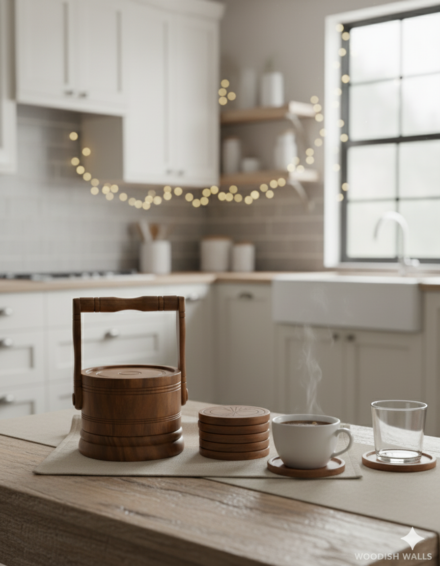 Woodish Walls Bucket-Shaped Wooden Tea Coaster Set – Handmade Rustic Coasters for Cups, Mugs & Table Décor