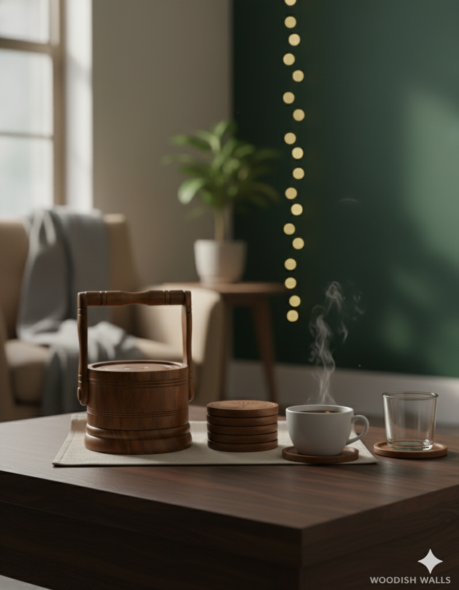 Woodish Walls Bucket-Shaped Wooden Tea Coaster Set – Handmade Rustic Coasters for Cups, Mugs & Table Décor