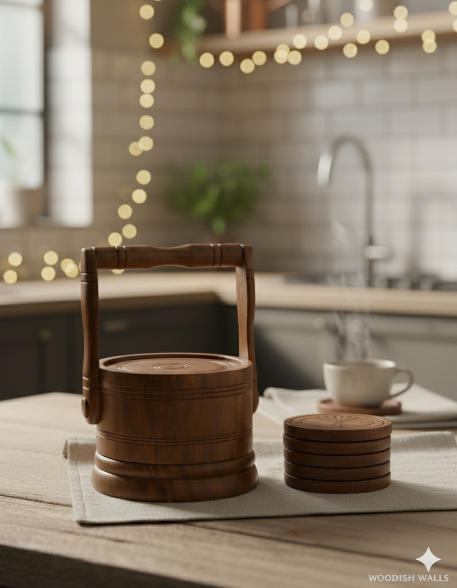 Woodish Walls Bucket-Shaped Wooden Tea Coaster Set – Handmade Rustic Coasters for Cups, Mugs & Table Décor