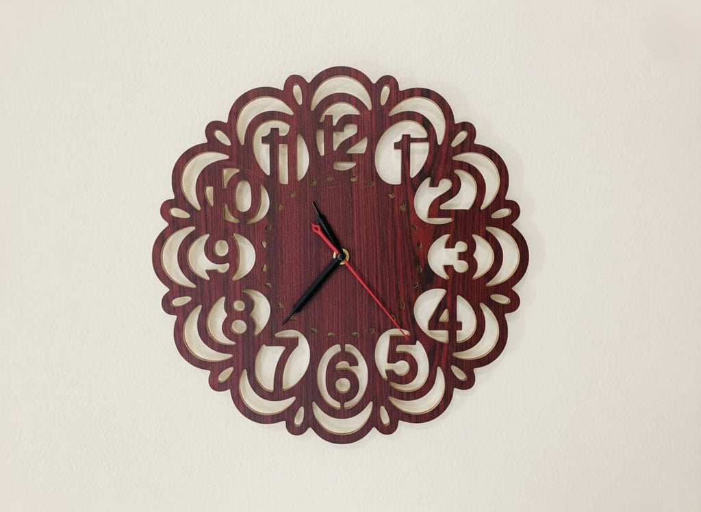 Artisan CNC-Cut Wooden Wall Clock | Leaf & Vine Style | Silent 6mm | Woodish Walls