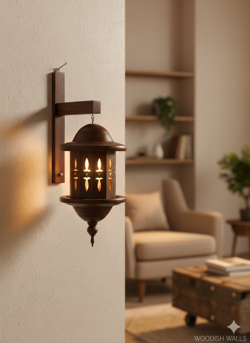 Woodish Walls Handcrafted Wall Hanging Wooden Lamp – Rustic Modern Light for Home Décor