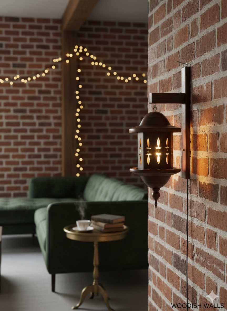 Woodish Walls Handcrafted Wall Hanging Wooden Lamp – Rustic Modern Light for Home Décor