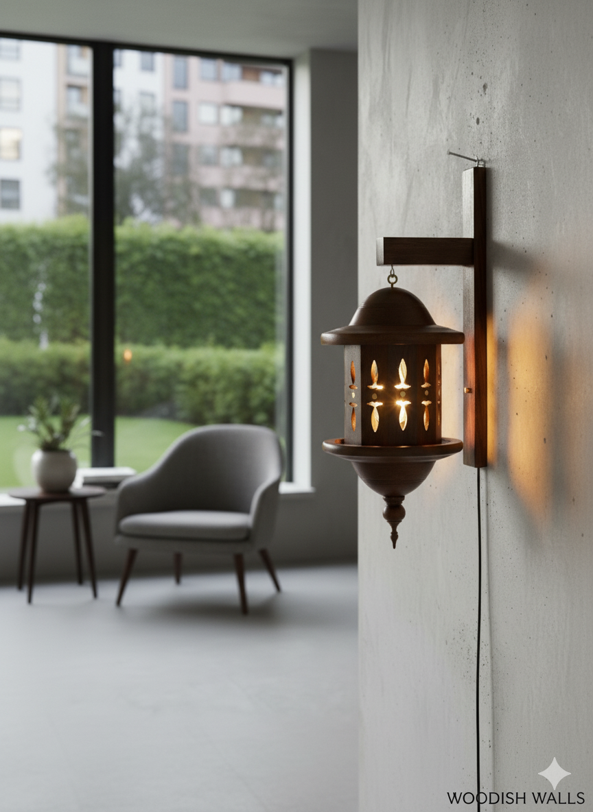 Woodish Walls Handcrafted Wall Hanging Wooden Lamp – Rustic Modern Light for Home Décor