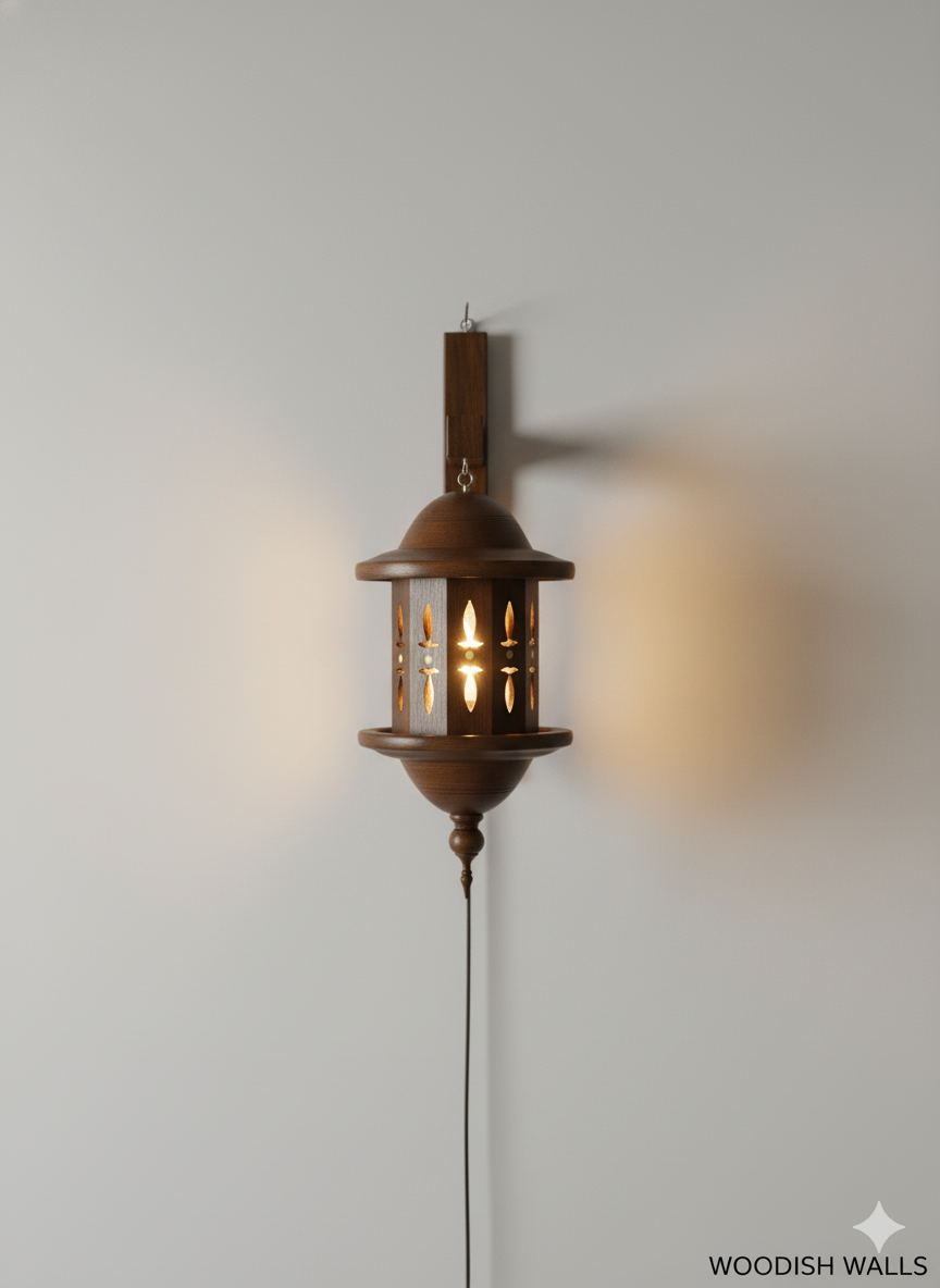Woodish Walls Handcrafted Wall Hanging Wooden Lamp – Rustic Modern Light for Home Décor